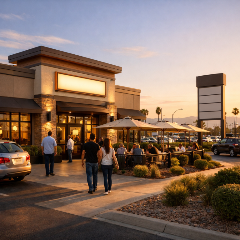 Lease Exterior view of a restaurant storefront in a Las Vegas shopping center with outdoor seating, parked cars, and a pylon sign at a busy intersection.