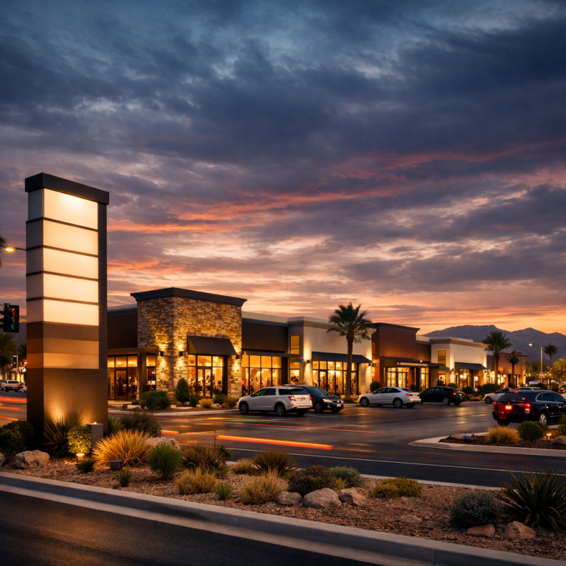 Exterior view of a multi-tenant retail center at dusk with monument signage and parking, representing commercial leasing space in Las Vegas.
